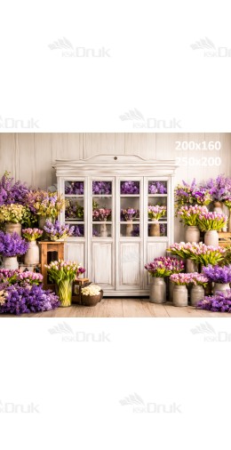 Tło fotograficzne „Biała witryna z tulipanami i bzem” | E838